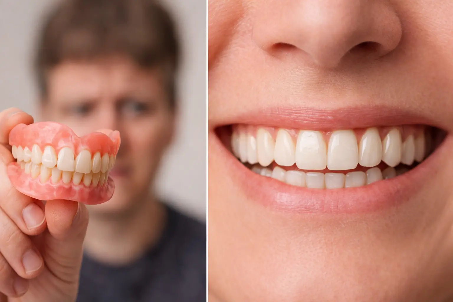 Comparação entre dentadura removível e prótese protocolo fixa mostrando diferença de estabilidade e estética